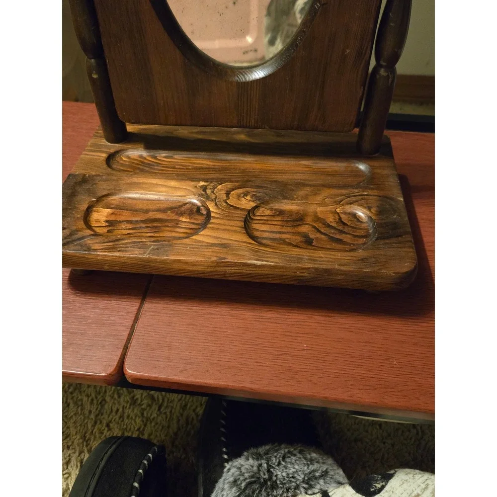 Vintage Wooden Swivel Vanity Mirror with Valet Tray Base Rustic Dressing Table